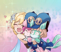 Rule 34 | 3girls, ^ ^, blonde hair, blush, brown hair, closed eyes, commentary, detached sleeves, dress, english commentary, flower, furry, furry female, furry with non-furry, genshin impact, gradient background, hair between eyes, hair flower, hair ornament, hat, heart, heart in mouth, height difference, highres, hug, interspecies, long sleeves, looking at another, luizhtx, lumine (genshin impact), melusine (genshin impact), multiple girls, police, police hat, police uniform, policewoman, purple hair, rabbit girl, short hair, short hair with long locks, sidelocks, simple background, uniform, white dress