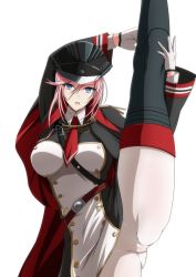 Rule 34 | 1girl, azur lane, belt, black cape, black footwear, black hat, blue eyes, boots, breasts, cape, cross, feet out of frame, gloves, hand on leg, hat, highres, iron cross, knee boots, long hair, looking at viewer, makiri akira, medium breasts, military, military hat, military uniform, necktie, open mouth, pantyhose, peaked cap, pink hair, red necktie, seydlitz (azur lane), solo, split, standing, standing on one leg, standing split, thighhighs, uniform, white background, white gloves, white pantyhose