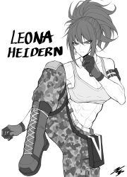 Rule 34 | 1girl, abs, absurdres, armlet, bare shoulders, belt, breasts, camouflage, camouflage pants, character name, earrings, fighting stance, gloves, greyscale, highres, jewelry, leona heidern, military, military uniform, monochrome, muscular, muscular female, narrowed eyes, pants, ponytail, simple background, solo, tank top, the king of fighters, the king of fighters xiv, the king of fighters xv, uniform, v, white background, yones81239278