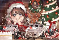 Rule 34 | 1girl, antlers, armored personnel carrier, armored vehicle, bell, blue eyes, bow, brick wall, brown hair, cake, christmas, christmas ornaments, christmas tree, closed mouth, commentary request, english text, food, fur collar, garland (decoration), gift, hat, head rest, highres, horns, inou takashi, long hair, looking at viewer, merry christmas, motor vehicle, original, red bow, red hat, reindeer, santa hat, sleigh, smile, solo, star ornament, vehicle request, wreath