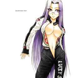 Rule 34 | 00s, 1girl, biker clothes, bikesuit, bodysuit, breasts, fate/stay night, fate (series), glasses, large breasts, long hair, medusa (fate), medusa (rider) (fate), navel, no bra, open clothes, pink eyes, purple eyes, purple hair, racing suit, simple background, smile, solo, square pupils, very long hair