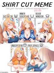 Rule 34 | 1boy, 1girl, animal ears, animal print, blonde hair, blush, bonnie (bunny gif), bow, breasts, bunny ayumi (vtuber), carrot, carrot hair ornament, cleavage, cleavage cutout, clothing cutout, cow print, crop top, cum, cum on body, cum on breasts, cum on upper body, cumdare, dress, food-themed hair ornament, hair ornament, hetero, highres, indie virtual youtuber, large breasts, licking, licking testicle, meme, multicolored hair, multiple drawing challenge, nipples, off shoulder, oral, overalls, paizuri, paizuri under clothes, penis, penis to breast, perpendicular paizuri, plaid, plaid shirt, rabbit ears, reverse paizuri, shirt, shirt cut meme, sideboob, streaked hair, testicles, two-tone hair, virtual youtuber, whataburger