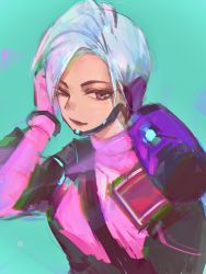 Rule 34 | 1girl, apex legends, apex legends mobile, aqua background, blue eyes, chest harness, fingerless gloves, gloves, grey hair, hand on own head, harness, highres, looking to the side, non-humanoid robot, on shoulder, one-eyed, pink eyes, pink gloves, pink sweater, portrait, rhapsody (apex legends), robot, rowdy (apex legends), short hair, sweater, white hair, x-insane