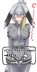 Rule 34 | 10s, 1girl, alternate breast size, belt, bird tail, black gloves, black hair, blush, bodystocking, breast pocket, breasts, closed mouth, collared shirt, cowboy shot, fingerless gloves, gloves, grey necktie, grey shirt, grey shorts, hair between eyes, hasemi ryou, impossible clothes, impossible shirt, kemono friends, large breasts, layered sleeves, lips, long hair, long sleeves, looking at viewer, low ponytail, multicolored hair, necktie, nose blush, orange hair, own hands together, pantyhose, pocket, shirt, shoebill (kemono friends), short over long sleeves, short sleeves, shorts, side ponytail, silver hair, simple background, solo, standing, sweat, tail, translation request, tsurime, user interface, v arms, white background, wing collar, yellow eyes