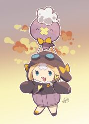 Rule 34 | 1girl, :3, abigail williams (fate), absurdres, bandaid, bandaid on face, bandaid on forehead, blonde hair, blue eyes, chibi, creatures (company), crossed bandaids, crossover, drifloon, fate/grand order, fate (series), flying, full body, game freak, gen 4 pokemon, goggles, goggles on head, gradient sky, highres, jacket, kyojo128, nintendo, open mouth, pokemon, pokemon (creature), sky, sleeves past fingers, sleeves past wrists, smile