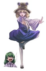 Rule 34 | &gt;:o, 2girls, :o, bad id, bad pixiv id, blonde hair, detached sleeves, eredhen, fighting stance, frog hair ornament, green hair, hair ornament, hair ribbon, hat, implied pantyshot, kochiya sanae, long sleeves, looking at another, looking at viewer, moriya suwako, multiple girls, open mouth, ribbon, ribbon-trimmed legwear, ribbon trim, sandals, shirt, short hair, simple background, skirt, standing, standing on one leg, surprised, thighhighs, touhou, v-shaped eyebrows, vest, white background, white legwear, white shirt, wide sleeves