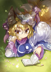 Rule 34 | 1girl, animal ears, bespectacled, blonde hair, blush, book, breasts, dappled sunlight, fox ears, fox tail, glasses, hat, ikuta takanon, large breasts, looking at viewer, multiple tails, petals, short hair, smile, solo, sunlight, tail, touhou, yakumo ran, yellow eyes