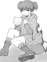 Rule 34 | 1girl, ;p, alisa (girls und panzer), boots, canteen cup, commentary, freckles, girls und panzer, gradient background, greyscale, gun, hair ornament, half-closed eye, unworn headwear, helmet, unworn helmet, highres, holding, hood, hood down, jacket, long sleeves, monochrome, one eye closed, petag2, poncho, saunders military uniform, short hair, short twintails, shorts, sitting, socks, solo, spot color, star (symbol), star hair ornament, tongue, tongue out, twintails, weapon, weapon on back