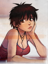 Rule 34 | 1girl, breasts, brown eyes, brown hair, cleavage, collarbone, exmile, head rest, jewelry, kasugano sakura, lips, medium breasts, necklace, red shirt, shirt, short hair, solo, street fighter, striped clothes, striped shirt, tank top, upper body