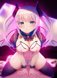 Rule 34 | 1boy, 1girl, :o, ahoge, aqua eyes, bat wings, blush, breasts, cleavage, comiket 96, cowgirl position, demon girl, demon tail, demon wings, detached collar, detached sleeves, covered erect nipples, girl on top, hair ornament, hairclip, hetero, highres, horns, large breasts, long hair, looking at viewer, noukatu, panties, partially visible vulva, pubic tattoo, sidelocks, skindentation, solo focus, straddling, demon girl, tail, tattoo, thighhighs, twintails, underwear, white hair, wings, wrist cuffs
