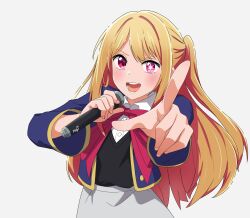 Rule 34 | 1girl, artist name, black vest, blonde hair, blue jacket, blush, bow, collared shirt, commentary, cropped jacket, grey skirt, highres, hoshino ruby, jacket, long hair, music, one side up, open mouth, oshi no ko, pink bow, pink eyes, pink ribbon, pointing, pointing at viewer, ribbon, rogi0615, school uniform, shirt, sidelocks, simple background, singing, skirt, solo, star-shaped pupils, star (symbol), symbol-shaped pupils, teeth, vest, white background, white shirt, youtou high school uniform