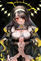 Rule 34 | 1girl, blue archive, breasts, halo, highres, hinata (blue archive), ichica m, large breasts, long hair, looking at viewer, nun, orange eyes, own hands clasped, solo, twitter, veil, yellow halo