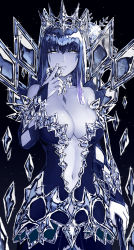 Rule 34 | 1girl, argyle, bare shoulders, black background, blue hair, blue skin, breasts, cleavage, colored skin, commentary, cowboy shot, crown, crystal, detached sleeves, english commentary, fingernails, glint, grey eyes, hair between eyes, heart, highres, holding, holding heart, ice, ice queen (monster girl encyclopedia), large breasts, long hair, looking at viewer, monster girl, monster girl encyclopedia, navel, no bra, parted lips, pointy ears, sidelocks, simple background, solo, staff, standing, zakirsiz