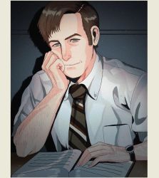 Rule 34 | 1boy, animification, arm hair, better call saul, black necktie, book, breaking bad, brown hair, collared shirt, hair behind ear, hand on own face, highres, letterboxed, looking at viewer, male focus, necktie, open book, prim42, saul goodman, shirt, smile, solo, swept bangs, watch, wristwatch