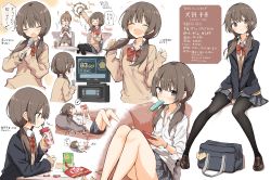 Rule 34 | 2girls, absurdres, bag, blue jacket, blush, breasts, brown hair, brown sweater, character sheet, closed eyes, commentary request, couch, drink, feet out of frame, food, full body, hatohouseplc, highres, holding, holding pen, invisible chair, jacket, karaoke, kitkat, legs, loafers, long hair, long legs, long sleeves, looking at viewer, looking to the side, low twintails, lying, microphone, multiple girls, multiple views, music, nintendo switch, on back, open mouth, original, pen, pleated skirt, popsicle, red neckwear, school bag, school uniform, shirt, shoes, singing, sitting, skirt, smile, sound effects, speech bubble, sweater, television, thighs, translation request, twintails, upper body, white shirt
