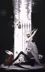 Rule 34 | 6+others, absurdres, armor, body armor, bound, bozi (labochushi), cape, chinese commentary, cloak, commentary request, flower, full body, greenpath vessel (hollow knight), grey flower, hanging, highres, holding, holding flower, holding sewing needle, holding weapon, hollow knight, hollow knight (character), hornet (hollow knight), knee up, knight (hollow knight), multiple others, nail (hollow knight), no feet, on head, red cloak, shoulder armor, sitting, tied up (nonsexual), weapon, white armor, white cape, yarn, yarn ball, zote