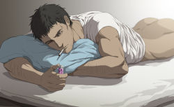 Rule 34 | 1boy, ass, atlus, bed, black hair, bottomless, cigarette, dark skin, dark-skinned male, doujima ryoutarou, facial hair, futon, gb (doubleleaf), grey eyes, lighter, lighting cigarette, lying, male focus, muscular, on bed, on stomach, one eye closed, persona, persona 4, pillow, shirt, short hair, solo, stubble, tired, wink