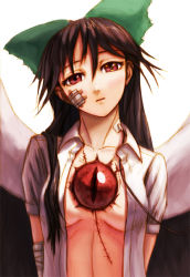 Rule 34 | 1girl, bad id, bad pixiv id, bandages, black hair, bow, breasts, eye focus, female focus, hair bow, intravenous drip, kurione (pixiv), kurione (zassou), long hair, open clothes, open shirt, red eyes, reiuji utsuho, scar, shirt, solo, stitches, touhou, wings