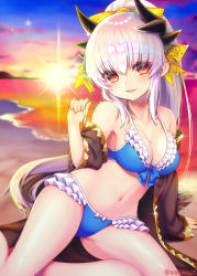 Rule 34 | 1girl, beach, bikini, blue bikini, breasts, dragon girl, dragon horns, fate/grand order, fate (series), flower, grey hair, horns, japanese clothes, kimono, kiyohime (fate), kiyohime (fate/grand order), kiyohime (swimsuit lancer) (fate), kiyohime (swimsuit lancer) (third ascension) (fate), long hair, looking at viewer, medium breasts, minamo25, navel, red eyes, sitting, solo, sunset, swimsuit, yellow eyes