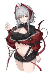 Rule 34 | 1girl, :d, absurdres, ahoge, antennae, arknights, black shirt, black shorts, breasts, cleavage, commentary, crop top, cropped legs, grey hair, hand up, highres, horns, jacket, large breasts, long sleeves, looking at viewer, midriff, navel, open mouth, rain (rain8649), red jacket, shirt, short hair, shorts, simple background, smile, solo, standing, stomach, thighs, w (arknights), white background, wis&#039;adel (arknights), yellow eyes