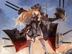 Rule 34 | 1girl, anchor hair ornament, bare shoulders, bismarck (kancolle), blonde hair, blue eyes, brown gloves, cannon, cloud, commentary request, cross, detached sleeves, feet out of frame, gloves, gradient sky, grey thighhighs, hair ornament, hat, highres, iron cross, kantai collection, long hair, looking at viewer, machinery, military, military hat, military uniform, nagasawa tougo, peaked cap, sky, solo, standing, sunrise, thighhighs, turret, uniform
