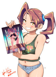 Rule 34 | 10s, 1girl, blush, breasts, brown hair, cleavage, grin, gundam, gundam build fighters, gundam build fighters try, highres, hori shin, large breasts, long hair, looking at viewer, midriff, navel, orange eyes, plump, poster (object), sazaki kaoruko, short shorts, shorts, signature, simple background, smile, solo, twintails