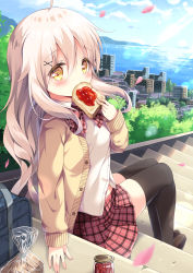 Rule 34 | 1girl, ahoge, bag, black thighhighs, blue sky, blurry, blurry foreground, blush, bread, brown cardigan, brown footwear, cardigan, cityscape, cloud, cloudy sky, commentary request, day, dress shirt, eating, fingernails, food, hair between eyes, hair ornament, highres, holding, holding food, horizon, jam, jar, light brown hair, loaf of bread, loafers, long hair, long sleeves, looking at viewer, looking to the side, moe2019, ocean, open cardigan, open clothes, original, outdoors, petals, plaid, plaid skirt, pleated skirt, red skirt, satsuki yukimi, school bag, shirt, shoes, sitting, sitting on stairs, skirt, sky, sleeves past wrists, solo, stairs, stone stairs, thighhighs, very long hair, water, white shirt, x hair ornament, yellow eyes