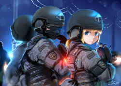 Rule 34 | 1girl, armband, artist name, assault rifle, blonde hair, blue eyes, bulletproof vest, camouflage, elbow pads, english text, from side, gloves, gun, holding, jacket, light smile, looking at viewer, looking back, mask, microphone, military, mouth mask, night, night sky, original, police, police uniform, policewoman, rifle, short hair, signature, sky, sunglasses, swat, tsubasa (abchipika), twitter username, uniform, weapon