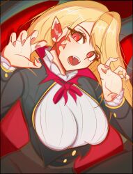 0nineo9 1girl absurdres asymmetrical_bangs black_jacket blonde_hair breasts brown_pantyhose facial_mark fate/grand_order fate_(series) hair_over_one_eye highres horns jacket large_breasts long_hair long_sleeves looking_at_viewer nero_claudius_(fate) nero_claudius_(fate)_(all) open_mouth pantyhose pointy_ears popped_collar queen_draco_(fate) queen_draco_(third_ascension)_(fate) red_eyes shirt solo thighs white_shirt
