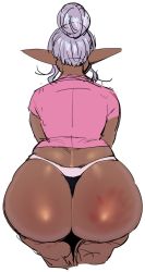 Rule 34 | 1girl, :3, ass, dark-skinned female, dark skin, elf-san wa yaserarenai., full body, hairband, huge ass, kneeling, kuroeda (elf-san wa yaserarenai.), long hair, panties, pointy ears, shiny skin, shirt, simple background, sitting, sketch, slap mark, solo, spanked, sweat, synecdoche, thick thighs, thighs, thong, underwear, white background, wide hips