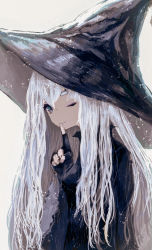 Rule 34 | 1girl, black gloves, black hat, closed mouth, eyeshadow, finger to mouth, fingerless gloves, gloves, green eyes, grey background, hair between eyes, hat, isa yuuri, long hair, makeup, one eye closed, original, purple eyeshadow, shushing, simple background, smile, solo, white hair, witch, witch hat