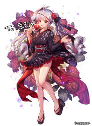 Rule 34 | 1girl, :d, antenna hair, artist name, bad id, bad pixiv id, bare legs, black footwear, black kimono, black ribbon, candy apple, commission, creature, drill hair, floral print, flower, food, fox mask, frilled kimono, frills, geta, hair flower, hair ornament, hair ribbon, heart, highres, holding, holding food, japanese clothes, kimono, kosanmaka, leaf, leg up, light particles, long hair, long sleeves, mask, mask on head, obi, open mouth, original, print kimono, purple flower, purple rose, red eyes, ribbon, rose, sash, short kimono, silver hair, simple background, smile, solo, standing, standing on one leg, tongue, tongue out, twintails, very long hair, white background, white ribbon, wide sleeves