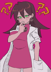 Rule 34 | 1girl, ?, ??, absurdres, arm behind back, breasts, brown hair, buzzlyears, coat, commentary, covered collarbone, dress, earrings, fang, glowing, glowing eyes, green eyes, hand in pocket, highres, jewelry, lab coat, large breasts, medium hair, mega man (series), mega man legends (series), pink background, pink dress, simple background, skin fang, solo, tron bonne (mega man)