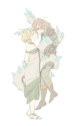 Rule 34 | 1boy, 1girl, absurdres, arms behind back, bare shoulders, blonde hair, blush, boots, braid, brown footwear, brown hair, closed eyes, couple, dragon tail, dress, duoj ji, ear piercing, earrings, flying sweatdrops, from side, full body, highres, horns, imminent kiss, jewelry, link, looking at another, nintendo, pants, piercing, pointy ears, princess zelda, sandals, short hair, simple background, sketch, standing, strapless, strapless dress, tail, tail wrap, the legend of zelda, the legend of zelda: tears of the kingdom, white background, white dress