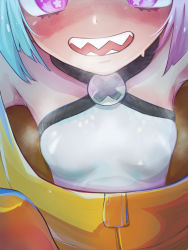 Rule 34 | 1girl, :d, blush, breasts, breath, commentary request, creatures (company), eyelashes, game freak, green hair, grey shirt, highres, iono (pokemon), jacket, multicolored hair, nintendo, open mouth, pokemon, pokemon sv, purple eyes, purple hair, purple pupils, sharp teeth, shirt, sleeveless, sleeveless shirt, small breasts, smile, solo, star (symbol), star in eye, sweat, symbol in eye, teeth, two-tone hair, upper body, yellow jacket, zhidainabao