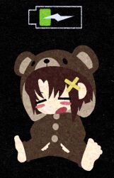 Rule 34 | 1girl, animal costume, animated, animated gif, asymmetrical bangs, barefoot, battery indicator, bear costume, black background, blush stickers, brown hair, closed eyes, commentary, cryptidhermit, full body, hair ornament, hood, hood up, iwakura lain, long sleeves, looping animation, no nose, nose bubble, serial experiments lain, short hair, snoring, solo, x hair ornament