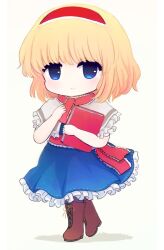 Rule 34 | 1girl, alice margatroid, belt, blonde hair, blue dress, blue eyes, blush, book, boots, brown footwear, capelet, closed mouth, dress, frills, full body, hair between eyes, hairband, hands up, holding, holding book, looking at viewer, necktie, pantyhose, pink belt, pink necktie, puffy short sleeves, puffy sleeves, purple pantyhose, red hairband, rei (tonbo0430), shadow, shirt, short hair, short sleeves, simple background, smile, solo, standing, touhou, white background, white capelet, white shirt