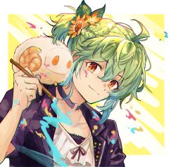Rule 34 | 1boy, ahoge, androgynous, animal, animal on shoulder, apollo (fate), border, braid, braided bun, brown eyes, choker, closed mouth, eyelashes, fate/grand order, fate (series), flower, green hair, hair between eyes, hair bun, hair flower, hair ornament, highres, holding, holding paintbrush, jacket, male focus, orange flower, paint, paint on clothes, paint splatter, paint splatter on face, paintbrush, paris (fate), purple choker, purple jacket, red ribbon, ribbon, sheep, shirt, short sleeves, sidelocks, solo, tumikilondon5, upper body, white border, white shirt