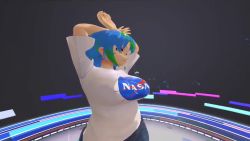 Rule 34 | 1girl, 1other, 20s, 3d, alupaf, animated, arms up, blue hair, blue shorts, bouncing, bouncing breasts, breasts, breasts squeezed together, brown eyes, crossed arms, demonstration, denim, disembodied hand, earth-chan, green hair, grey background, jiggle, large breasts, logo, mikumikudance (medium), model, multicolored hair, nasa, nasa logo, personification, platform, pov, shirt, short hair, short sleeves, shorts, simple background, solo focus, sound, sound effects, squeezing, standing, two-tone hair, upper body, video, virtual reality, white shirt