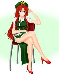 Rule 34 | 1girl, absurdres, blue eyes, bow, braid, chair, chourou, crossed legs, female focus, full body, gradient background, green background, hair bow, hat, high heels, highres, hong meiling, long hair, looking at viewer, open mouth, red hair, shoes, short sleeves, sitting, smile, solo, star (symbol), teeth, touhou, twin braids, very long hair, vest