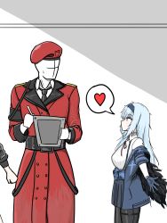 Rule 34 | 1boy, 1girl, absurdres, bad id, bad pixiv id, beret, blue hair, breasts, commander (girls&#039; frontline), faceless, faceless male, girls&#039; frontline, griffin &amp; kryuger military uniform, hat, heart, highres, imminent hug, jacket, large breasts, long hair, out of frame, outstretched arms, pantyhose, red eyes, silvestri0385, spoken heart, thunder (girls&#039; frontline), very long hair