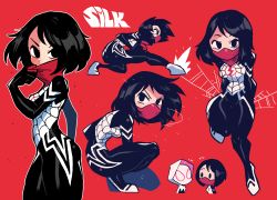 Rule 34 | 2girls, absurdres, animification, black hair, bodysuit, breasts, cindy moon, flats, full body, gwen stacy, highres, hood, hoodie, knee up, looking at viewer, marvel, mask, mouth mask, multiple girls, multiple views, rariatto (ganguri), red background, short hair, silk, silk (marvel), spider-gwen, spider-man (series), spider web, spider web print, squatting, superhero costume, v-shaped eyebrows, white hoodie