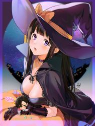 Rule 34 | 1boy, 1girl, :o, arm support, bent over, black dress, black gloves, black hair, bow, breasts, candy, cape, chibi, chitanda eru, choker, cleavage, dress, elbow gloves, food, gloves, green eyes, hat, hat bow, highres, hyouka, large breasts, lollipop, long hair, looking at viewer, mery (yangmalgage), open mouth, oreki houtarou, purple eyes, short hair, sidelocks, sky, skyline, star (sky), starry sky, witch hat