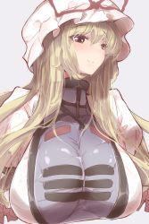 Rule 34 | 1girl, blonde hair, breasts, closed mouth, commentary request, grey background, hair between eyes, hat, hat ribbon, highres, huge breasts, kaizu (kaizukurodai), long hair, mob cap, red ribbon, ribbon, simple background, smile, solo, tabard, touhou, upper body, white background, white hat, yakumo yukari