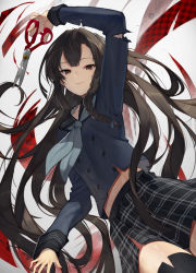 Rule 34 | 1girl, arm up, black hair, black sailor collar, black skirt, black thighhighs, blue neckerchief, blue shirt, brown eyes, commentary request, grey background, highres, holding, holding scissors, long hair, long sleeves, looking at viewer, neckerchief, original, parted lips, plaid, plaid skirt, pleated skirt, sailor collar, school uniform, scissors, scottie (phantom2), serafuku, shirt, skirt, smile, solo, thighhighs, torn clothes, torn skirt, torn sleeves, torn thighhighs, very long hair