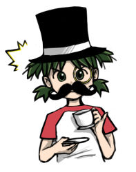 Rule 34 | 1girl, ^^^, child, cup, drawfag, facial hair, fake facial hair, fake mustache, green eyes, green hair, hat, koiwai yotsuba, matching hair/eyes, monocle, mustache, quad tails, short hair, simple background, solo, surprised, teacup, top hat, white background, yotsubato!
