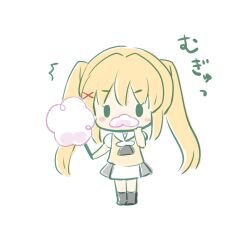 Rule 34 | 1girl, ^^^, black eyes, blonde hair, blush stickers, chibi, commentary request, cotton candy, fake facial hair, foam mustache, food, hair between eyes, hair intakes, hair ornament, hand up, holding, holding food, hoshimame mana, long hair, looking at viewer, school uniform, shirt, simple background, skirt, solo, standing, summer pockets, tsumugi wenders, twintails, white background, white skirt, x hair ornament, yellow shirt