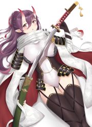 Rule 34 | 1girl, :o, armor, azur lane, bandaged arm, bandages, black gloves, black thighhighs, blush, breasts, cameltoe, commentary request, covered navel, elbow gloves, fingerless gloves, fingernails, gloves, groin, hair between eyes, hair ribbon, hand up, highres, holding, holding sheath, holding sword, holding weapon, horns, izumo (azur lane), japanese armor, katana, large breasts, leotard, long hair, looking at viewer, lying, minoshi, on back, oni, oni horns, parted lips, pointy ears, purple hair, red eyes, red ribbon, ribbon, sheath, simple background, solo, sword, thighhighs, unsheathing, very long hair, weapon, white background, white leotard