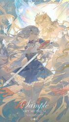 Rule 34 | 2girls, aurora (fate), blonde hair, blue skirt, breasts, character request, collared shirt, fate (series), floating hair, full body, hair between eyes, highres, holding, holding sword, holding weapon, laurel crown, long hair, long sleeves, looking at another, looking to the side, melusine (fate), multiple girls, open mouth, orange eyes, petticoat, pleated skirt, profile, shirt, sidelocks, sixii, skirt, small breasts, sword, teeth, thighhighs, watermark, weapon, white hair, white shirt, white thighhighs, zettai ryouiki