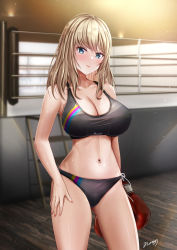 Rule 34 | 1girl, absurdres, aqua eyes, bad id, bad pixiv id, bare shoulders, black panties, blonde hair, blush, boxing gloves, boxing ring, breasts, cleavage, closed mouth, collarbone, cowboy shot, hand on own thigh, highres, indoors, large breasts, light particles, long hair, looking at viewer, navel, navel piercing, nori chazuke, original, panties, piercing, signature, solo, sports bra, stomach, sweat, underwear